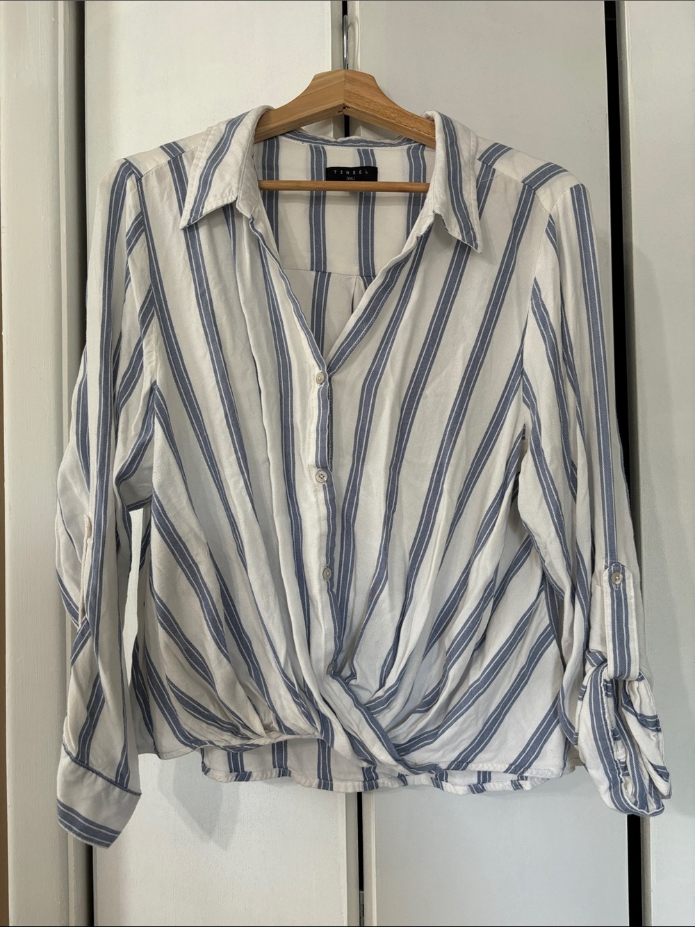Tinsel Striped Button-Front Twist Hem Shirt - Blue & White